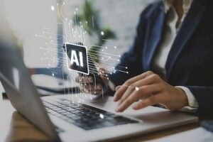 Photo and illustration of a person shopping on a laptop