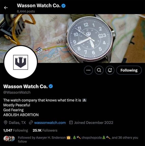 Ad on X from Wasson Watch Co. Ad on X from Wasson Watch Co., reading: Wasson Watch Co. The watch company that knows what time it is. Most Peaceful God Fearing ABOLISH ABORTION