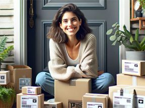 Smiling female in front of many delivery boxes