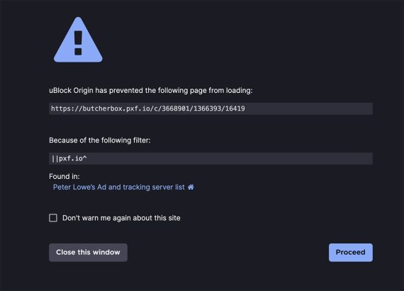 Screenshot of a uBlock Orgin warning of a tracking parameter from ButcherBlock. Screenshot of a uBlock Orgin warning of a tracking parameter from ButcherBlock.