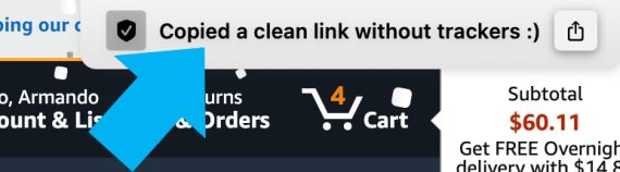 Screenshot of an Arc browser showing the message "Copied a clean link without trackers :)" Screenshot of an Arc browser showing the message "Copied a clean link without trackers :)"