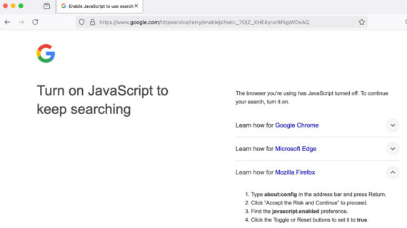 Screenshot of Google Search page with the notice, "Turn on JavaScript to keep searching." Screenshot of Google Search page with the notice, "Turn on JavaScript to keep searching."