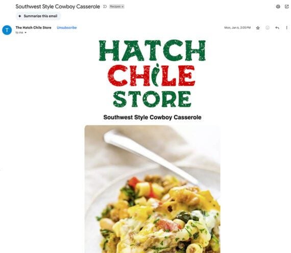 Screenshot of newsletter from Hatch Chile Store with a "Southwest Style Cowboy Casserole" recipe