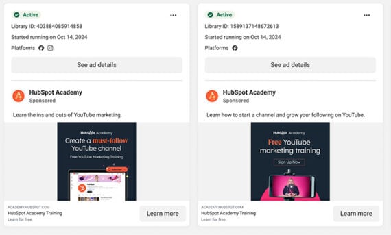 Screenshot of two HubSpot Academy ads, schduled for Facebook and Instagram