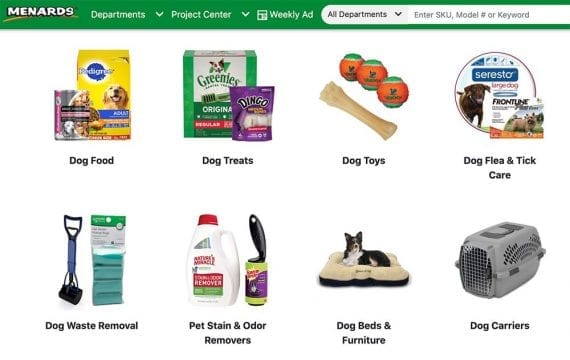 Screenshot of Menard's pet categories web page Screenshot of Menard's pet categories web page