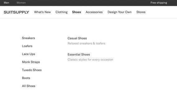 Screenshot of Suitsupply's category page for shoes. Screenshot of Suitsupply's category page for shoes.