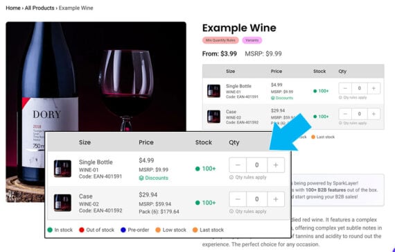 Screenshot of a hybrid product detail page selling wine.