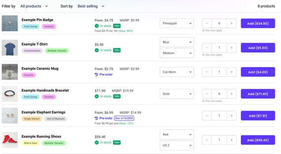 Screenshot of a product matrix