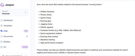 Screenshot of a Jasper chat dialog listing SEO entities related to the phrase "running shoes." Screenshot of a Jasper chat dialog listing SEO entities related to the phrase "running shoes."