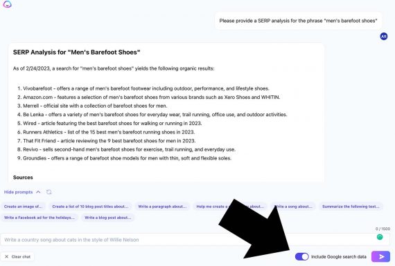 Screenshot of a Jasper response to the question, "Please provide a SERP analysis for the phrase 'men's barefoot shoes.'" Screenshot of a Jasper response to the question, "Please provide a SERP analysis for the phrase 'men's barefoot shoes.'"