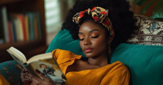 Image of a female reading a book, presumably avoiding housework