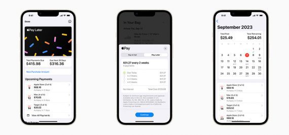 Screenshot of three iPhone screens with separate Apple Pay Later interfaces.