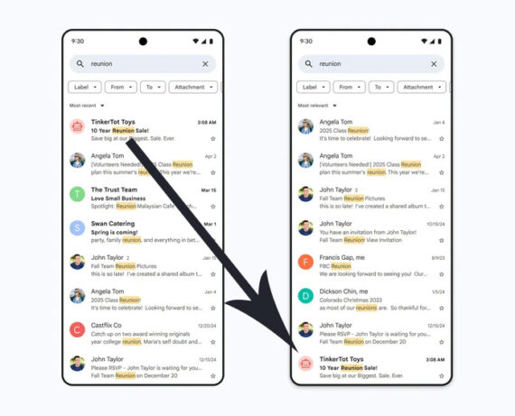 Screenshot of two smartphone screens showing the list of Gmail messages.