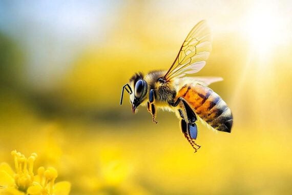 AI image of a bee hovering above a flower