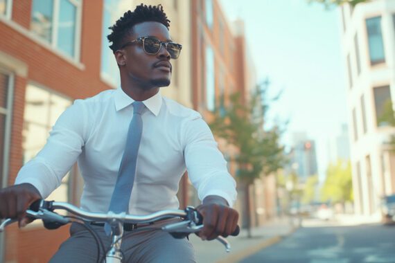 Photo of a 20s or 30s male riding a bike in an urban setting