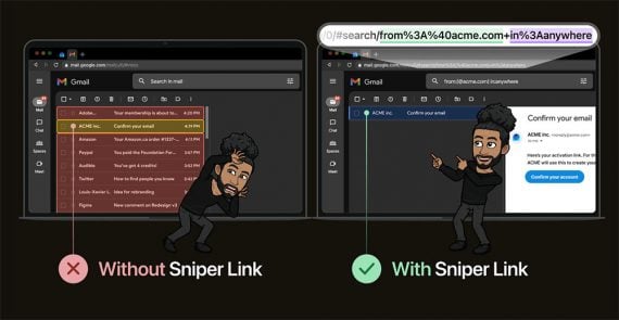 Screenshot of image from the sniper link guide showing inbox with and without sniper links. Screenshot of image from the sniper link guide showing inbox with and without sniper links.