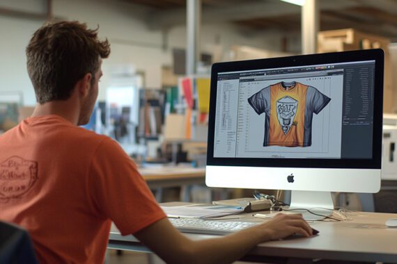 Image of a male at a desk design a t-shirt on a computer