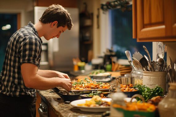 Photo of a male teenager preparing food in a residential kitchen.