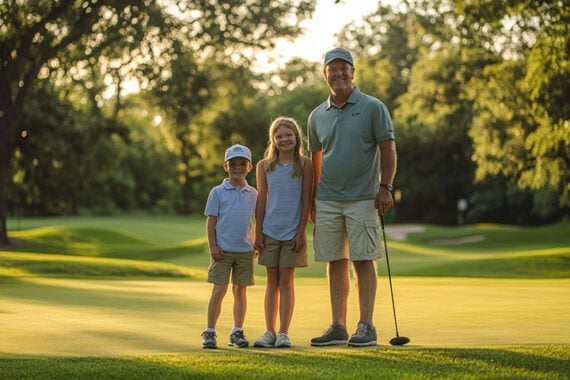Photo of a dad with two young children on a golf course.