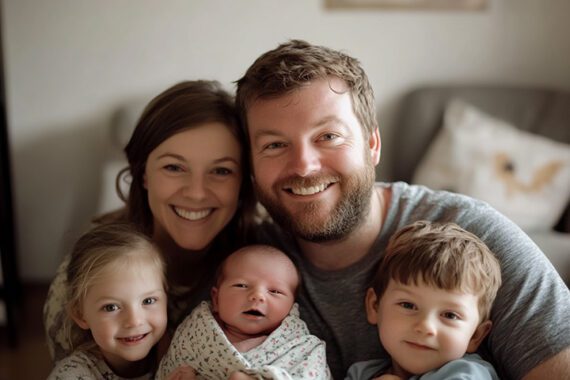 Photo of a dad, mom, and three young children