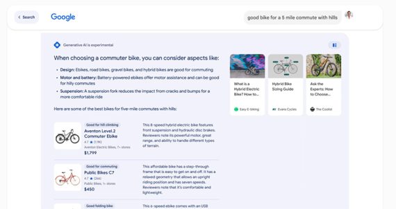 Screenshot from Google of example bicycles from its shopping graph. Screenshot from Google of example bicycles from its shopping graph.