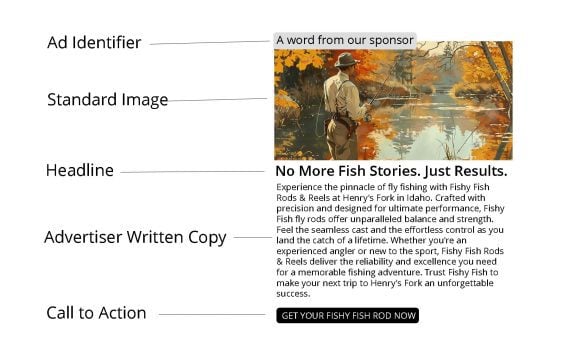 Screenshot of another ad written by the advertiser in a fishing-related newsletter Screenshot of another ad written by the advertiser in a fishing-related newsletter