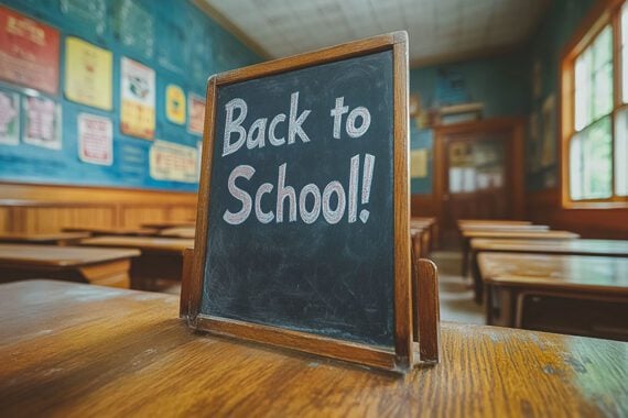 Photo of a classroom with a sign reading "Back to School!" Photo of a classroom with a sign reading "Back to School!"