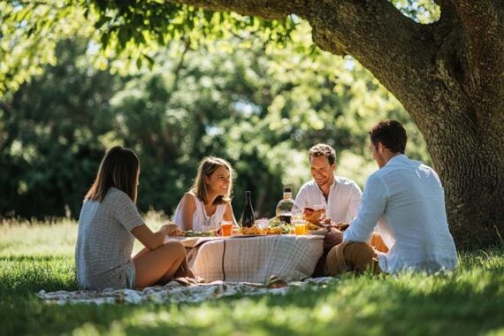 Photo of four adults picnicing beneath a tree Photo of four adults picnicing beneath a tree