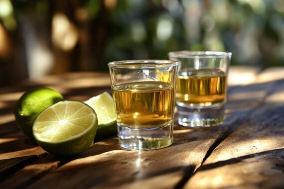 Photo of two shot glasses containing tequilla. Photo of two shot glasses containing tequilla.