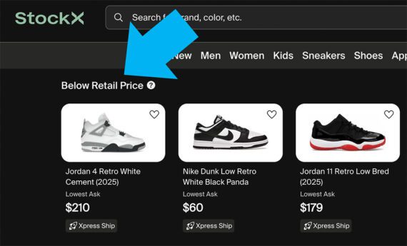 StockX's label, "Below Retail Price," anchors attention and communicates value. StockX's label, "Below Retail Price," anchors attention and communicates value.