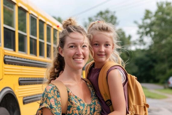 A mom and a grade-school daughter in front of a school bus