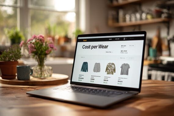 Photo of a laptop screen with clothing photos and a heading of "Cost per Wear"