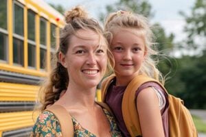 A mom and a grade-school daughter by a school bus