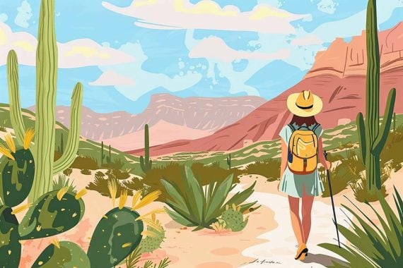 AI-generated image of a female hiking in the desert. AI-generated image of a female hiking in the desert.