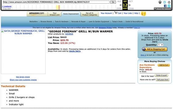 Screenshot from 2007 of George Forman Grill on Amazon. Screenshot from 2007 of George Forman Grill on Amazon.