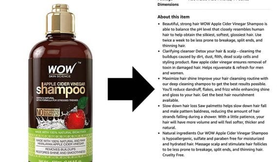 Screenshot from Amazon of the extended description for Wow Apple Cider Vinegar Shampoo Screenshot from Amazon of the extended description for Wow Apple Cider Vinegar Shampoo