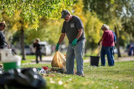 Photo of a male picking up trash in a park Photo of a male picking up trash in a park