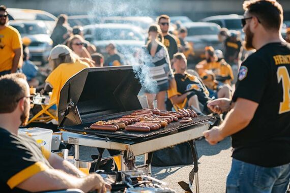 Photo of a man grilling at a tailgate event. Photo of a man grilling at a tailgate event.