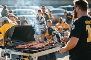 Photo of a man cooking on a grill at a tailgate party