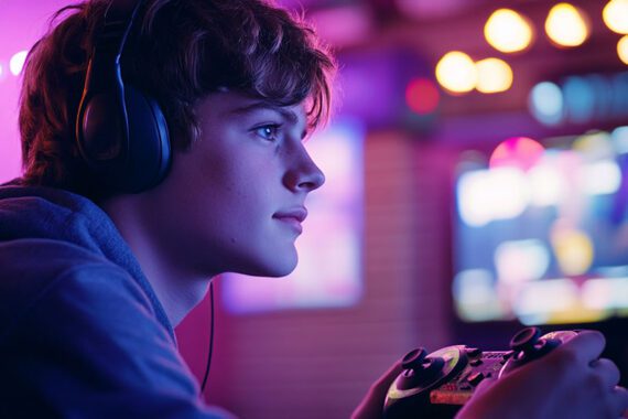 Photo of a teenage male playing a video game. Photo of a teenage male playing a video game.