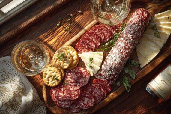 Photo of salamis and crackers on a cutting board Photo of salamis and crackers on a cutting board
