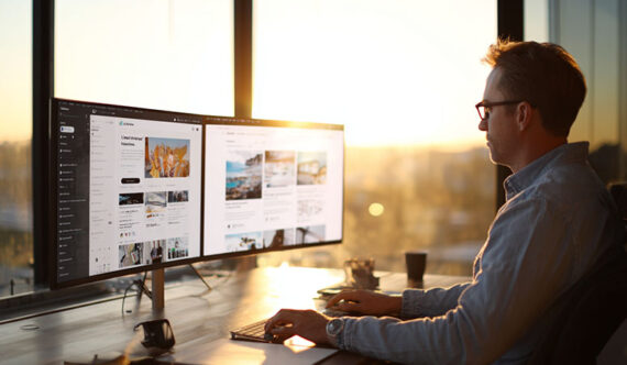 Male working on two computer screens at an office desk Male working on two computer screens at an office desk