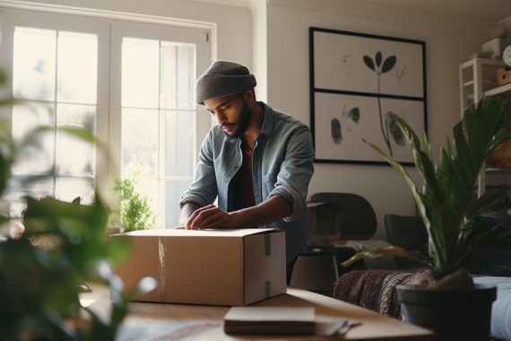 Photo of a male preparing an apparent ecommerce shipment