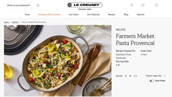 Screenshot of recipe page on Le Creuset for "Farmers Market Pasta Provencal."
