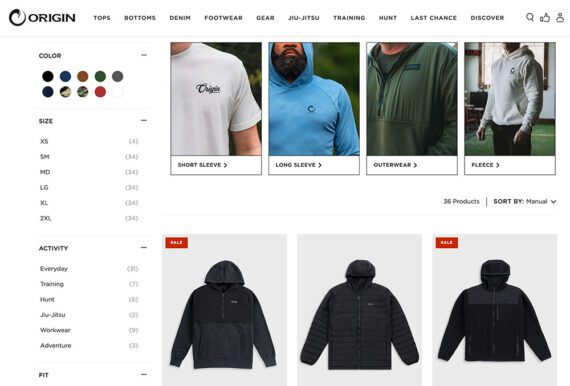 Screenshot showing shirts and hoodies on Origin with filters.