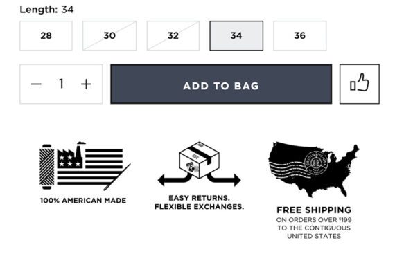 Screenshot of an apparel selector with "Add to Bag" call to action and showing the three small graphics.