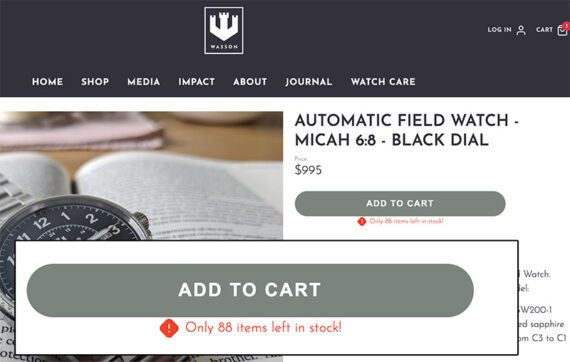 Screenshot from Wasson, a watch maker, of a watch with the message of only 58 remaining in stock.