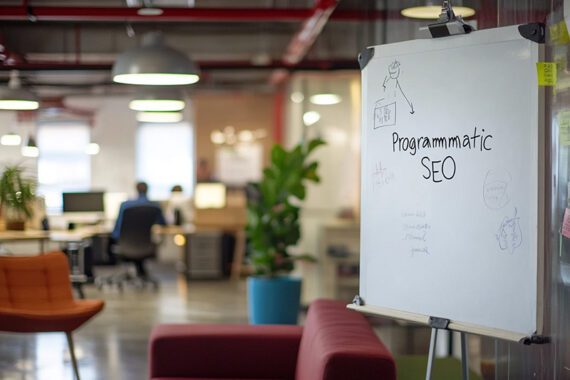 Photo of an office setting with a whiteboard reading "Programmatic SEO." Photo of an office setting with a whiteboard reading "Programmatic SEO."