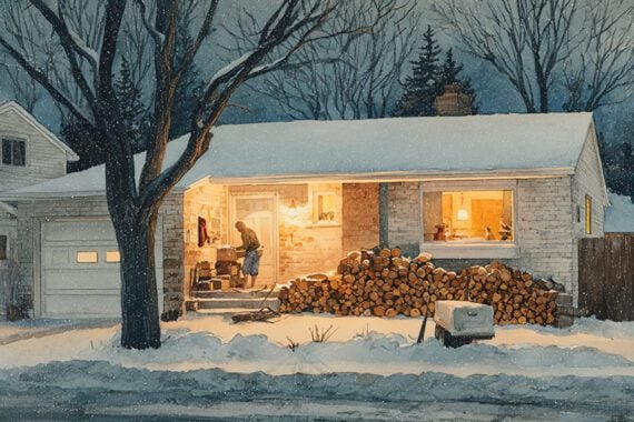 AI-produced image of a residential house in the snow.