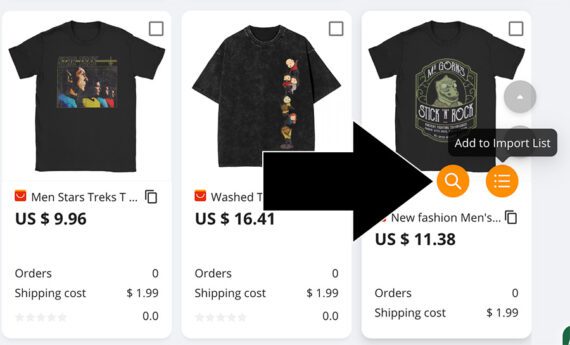 Screenshot of Dsers search results for a t-shirt Screenshot of Dsers search results for a t-shirt